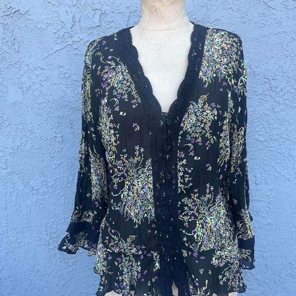 Y2k Faircyore Blouse Womens Large Black floral ruffles whimsygoth